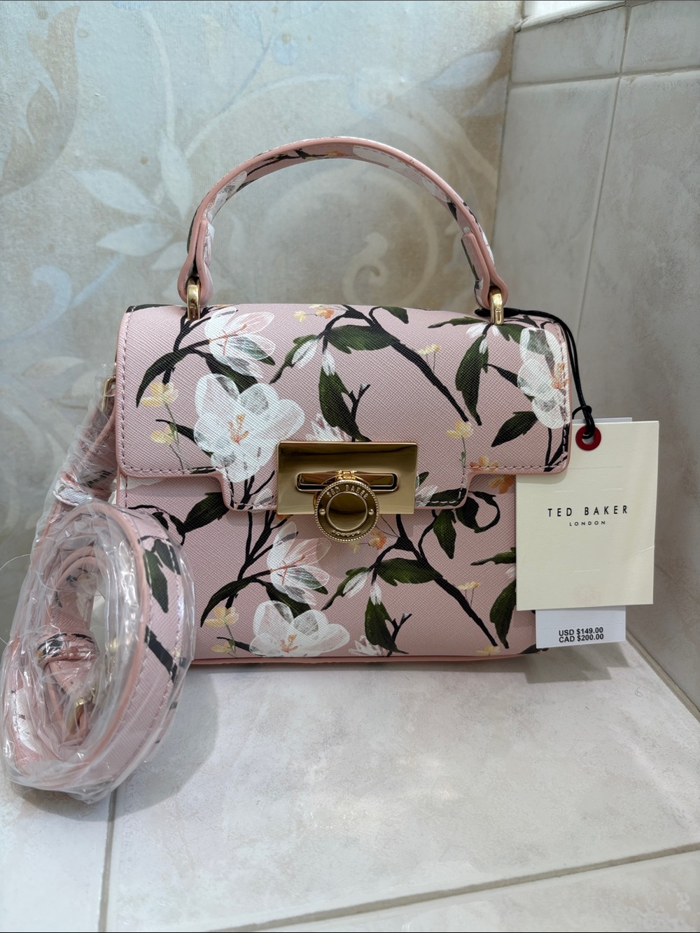 Ted Baker London Pink & White Floral Mini Top-Handle Satchel with Gold Hardware